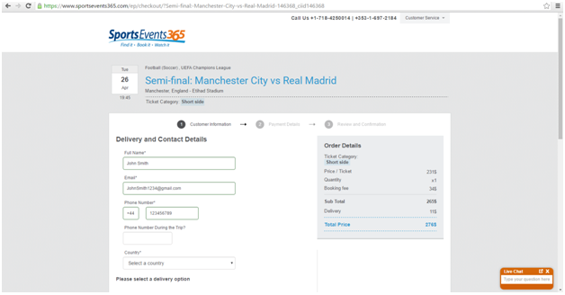 purchasing a ticket from sportsevents365