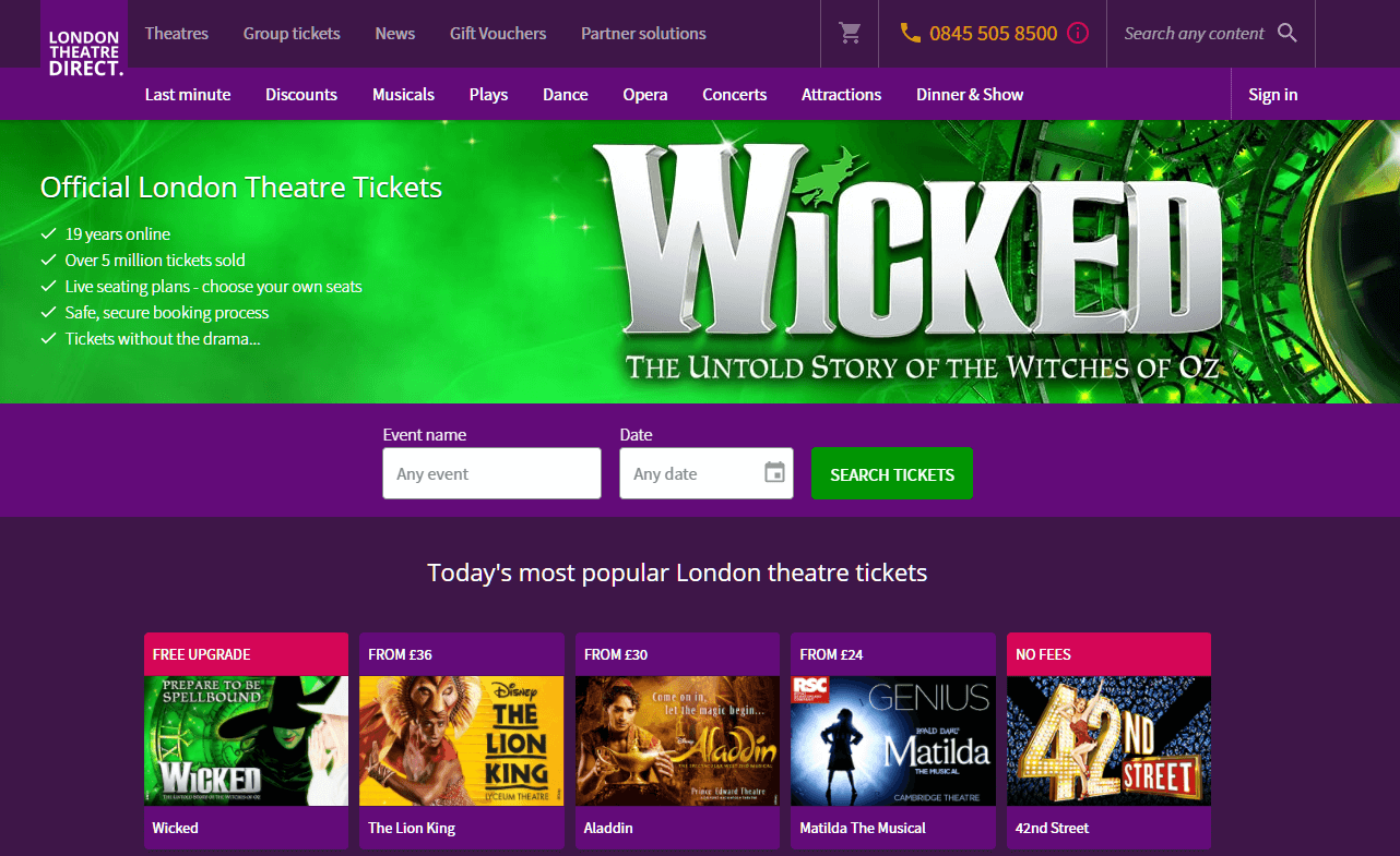 London Theatre Direct homepage screenshot