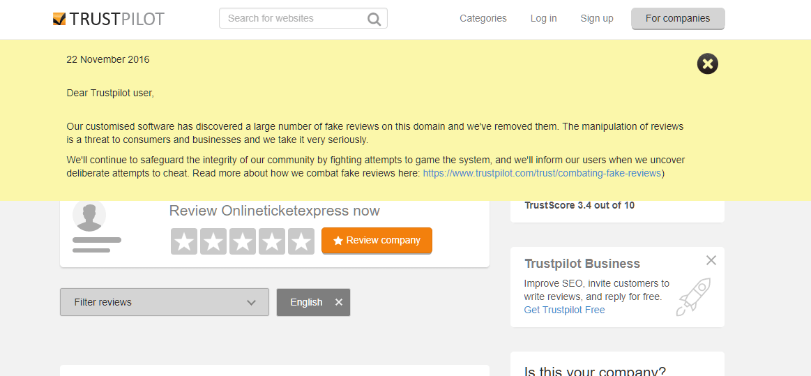 trustpilot warning about onlineticketexpress