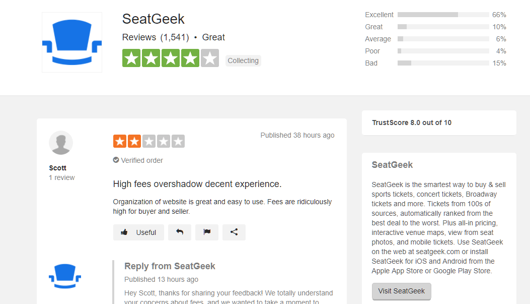 SeatGeek trustpilot reviews