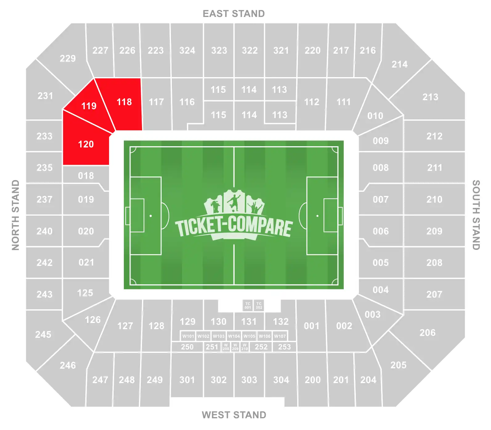 Hill Dickinson Stadium Seating plan with Away section highlighted