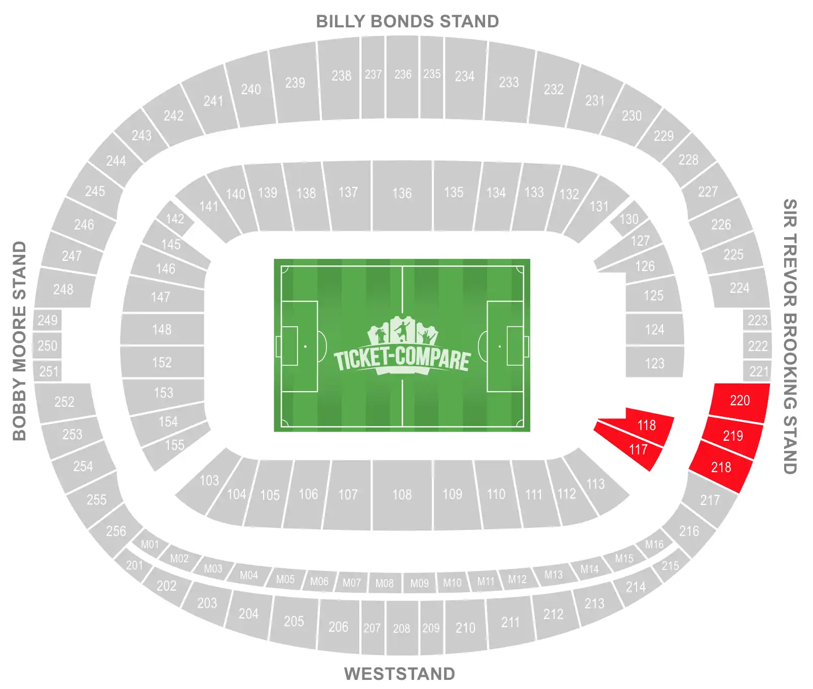 London Stadium seating plan with Away section highligted