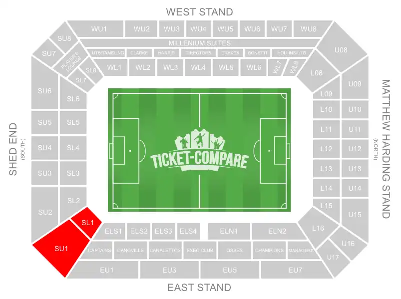 Stamford Bridge seating plan with Away sections highligted