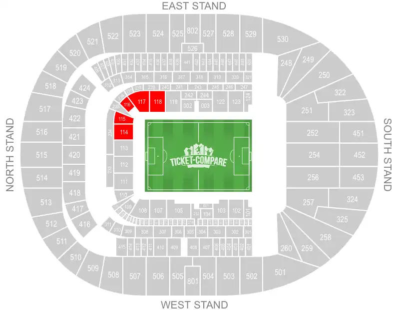 Tottenham Hotspur Stadium Seating Plan with Away sections highligted