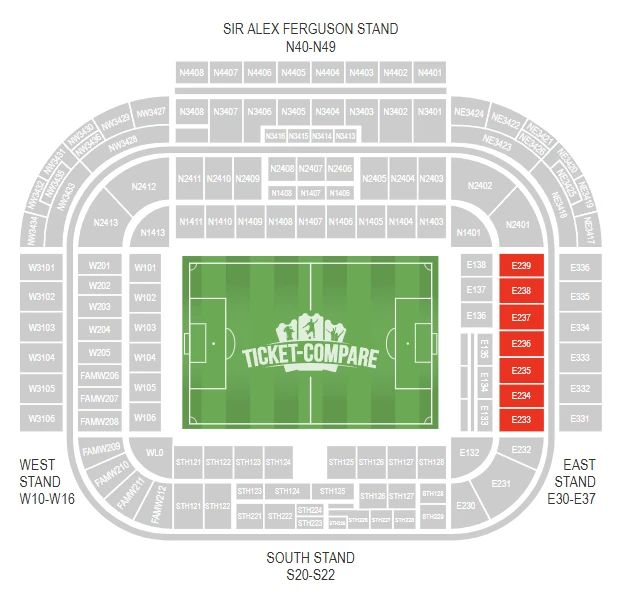 old trafford trinity club blocks E233 to E239 highlighted on the diagram