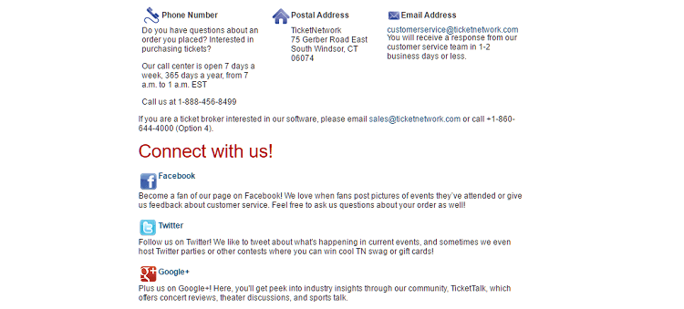 ticketnetwork various contact options - phone - facebook - twitter and more