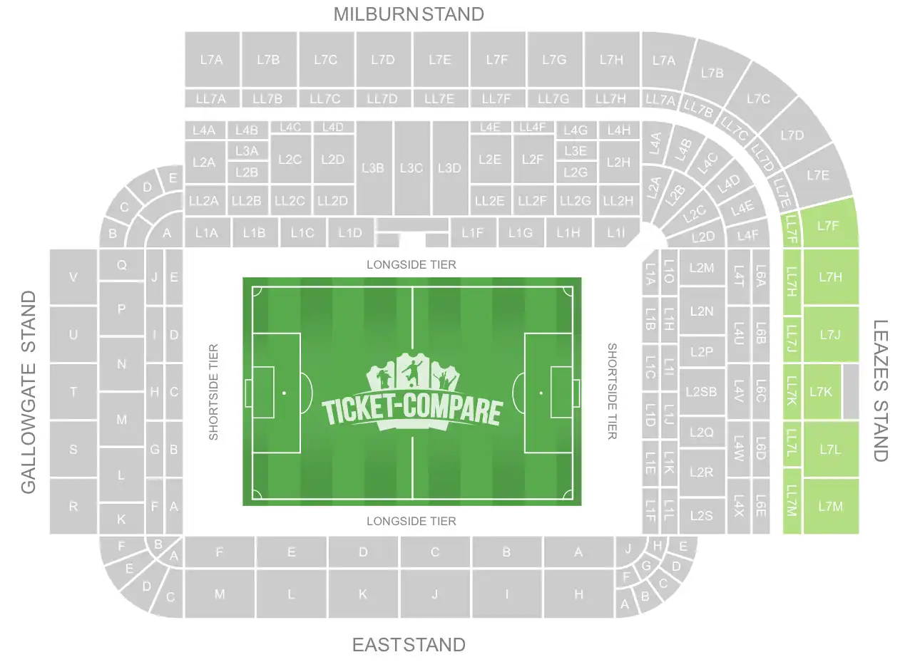 St James' Park seating plan with Away section highlighted 