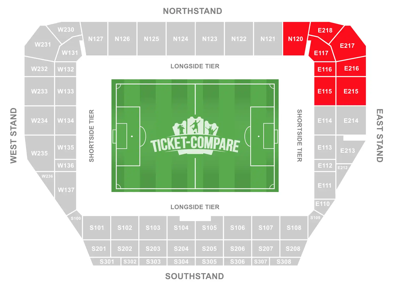 Brantford stadium seating plan with Away sections highligted