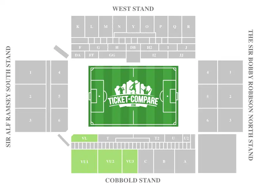 Screenshot of Portman Road Stadium seating plan with the Away section highlighted