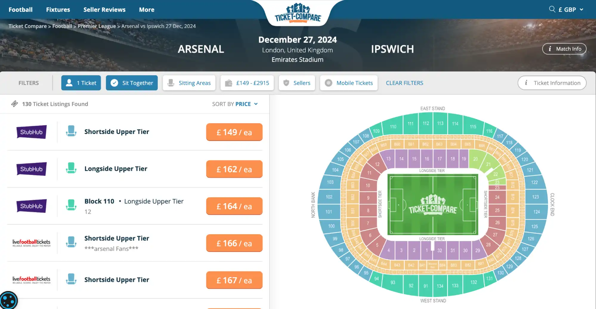 screenshot of Arsenal vs Ipswich tickets