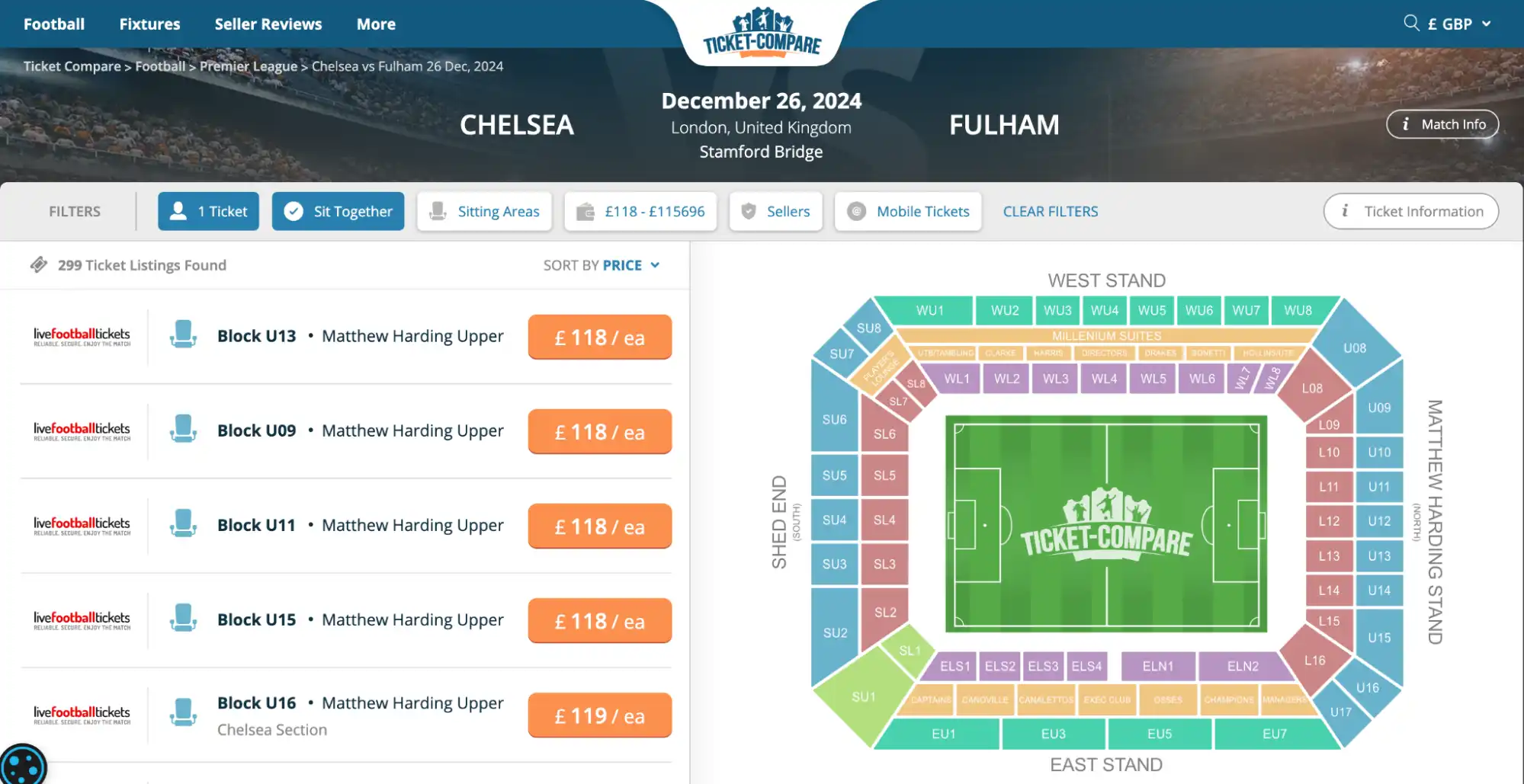 screenshot of Chelsea vs Fulham tickets