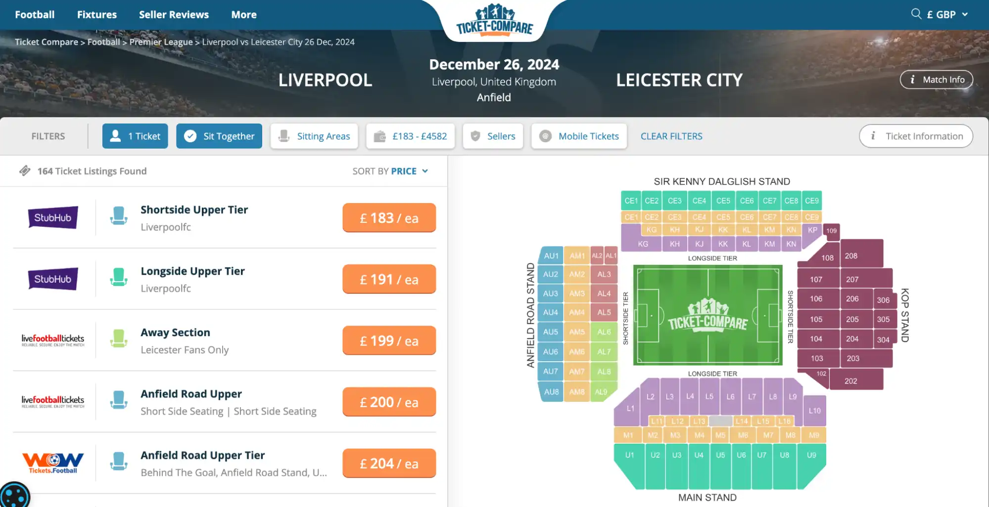 screenshot of Liverpool vs Leicester City tickets