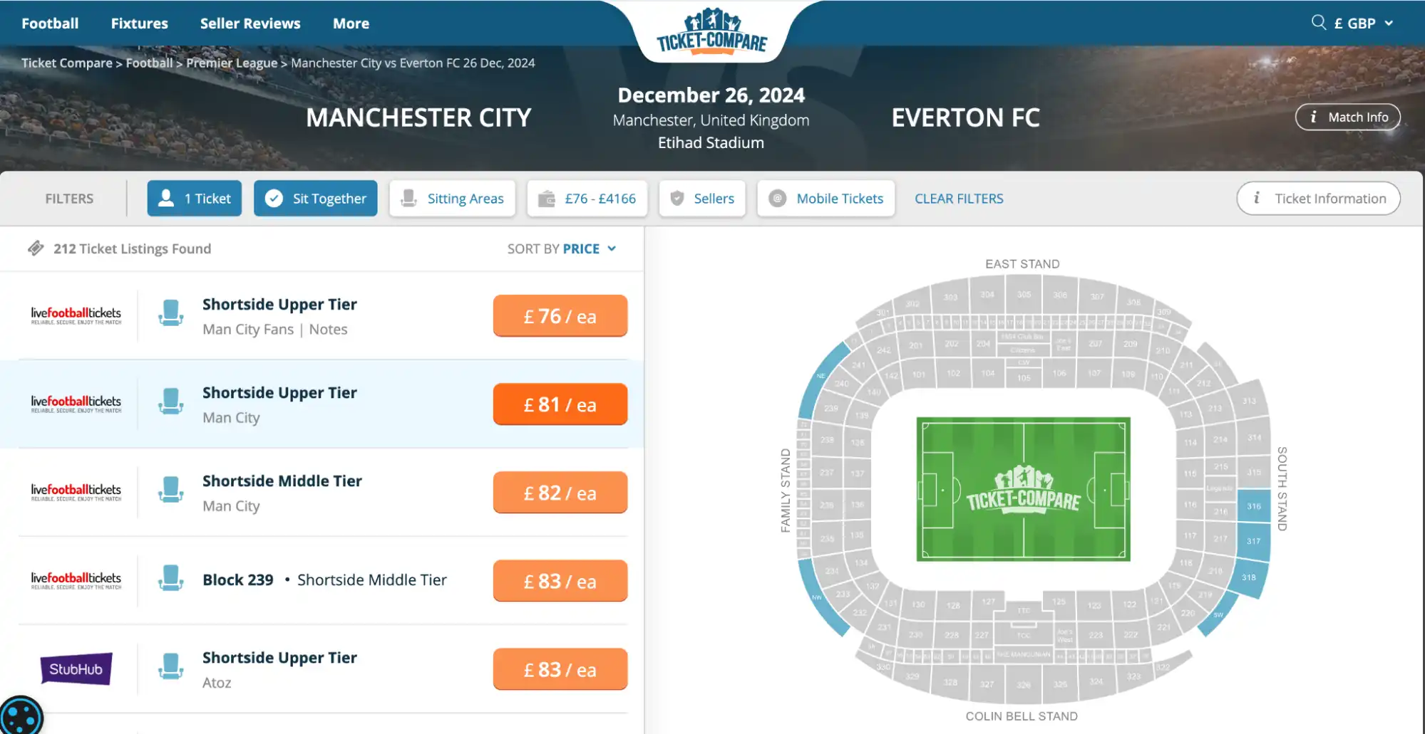 screenshot of Man City vs Everton tickets