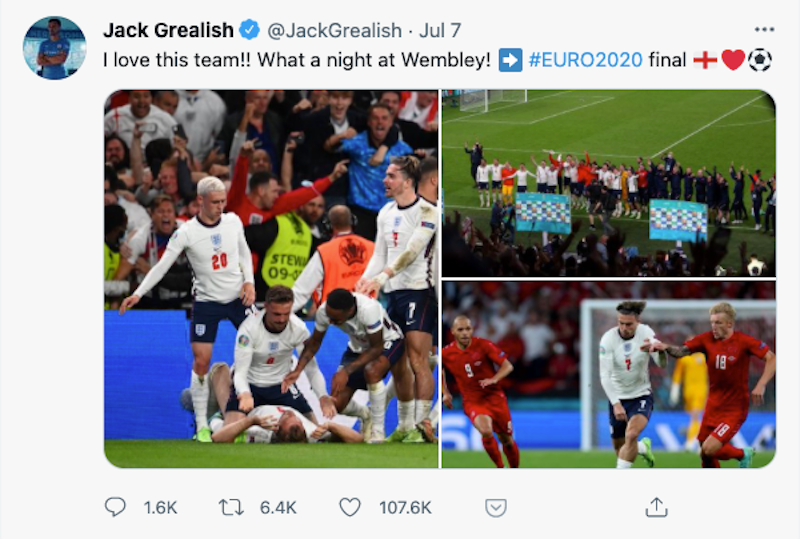 a screenshot from Jack Grealish twitter that says I love this team
