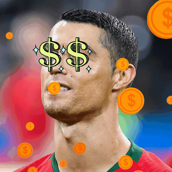 a gif of ronaldo with dollar signs on his eye and coins raining down over him