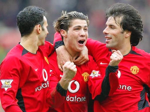 Ronaldo Man U debut game - cristiano stands nect to ryan giggs and Ruud Van Nistelrooy