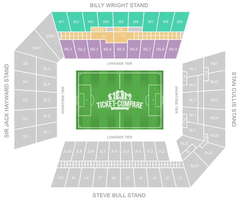 Molineux Stadium Seating Plan with the Billy Wright Stand highlighted