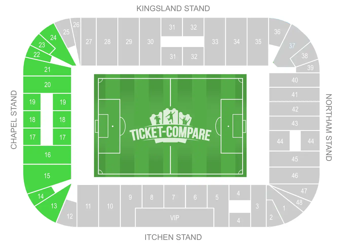 St Mary’s Stadium seating plan with highlighted the Chapel Stand