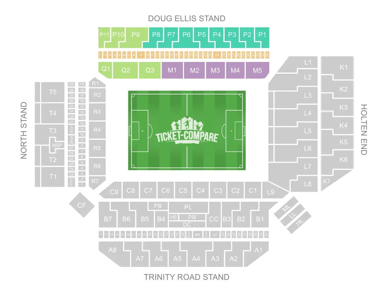 screenshot of Villa Park stadium seating plan with highlighted the Doug Ellis Stand