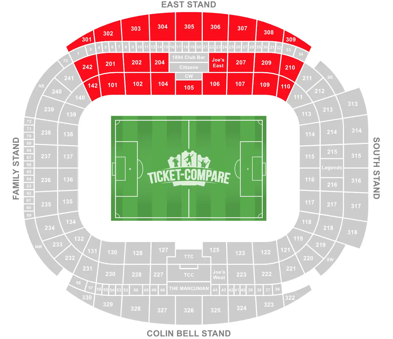 Etihad Stadium Seating Plan East Stand highligted
