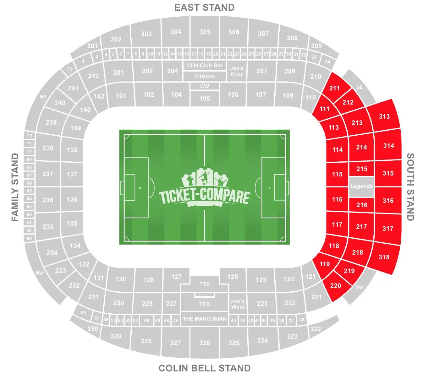 Etihad Stadium Seating Plan South Stand highligted