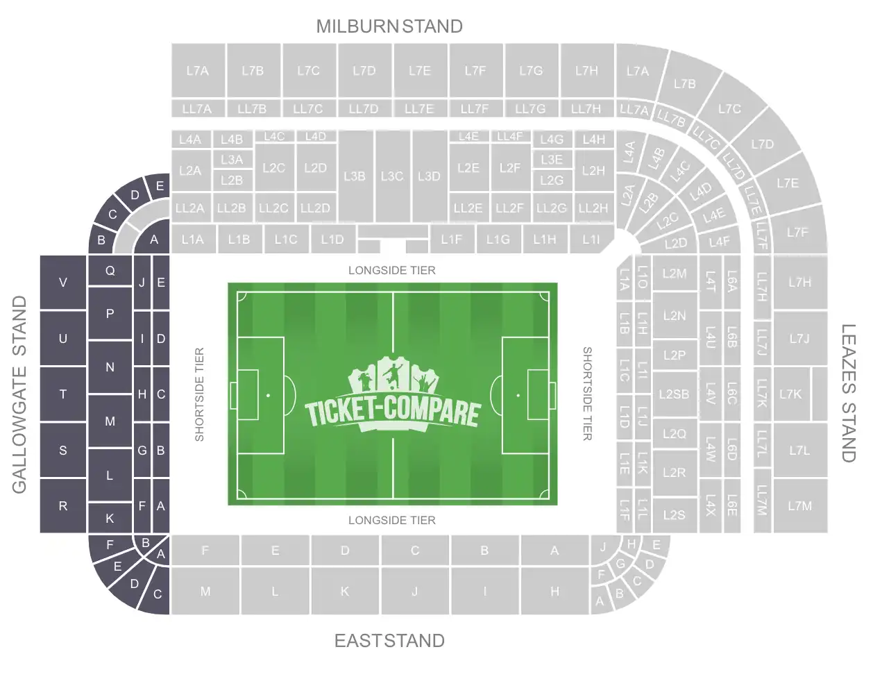 St. James Park seating plan with Gallowgate stand highlighted