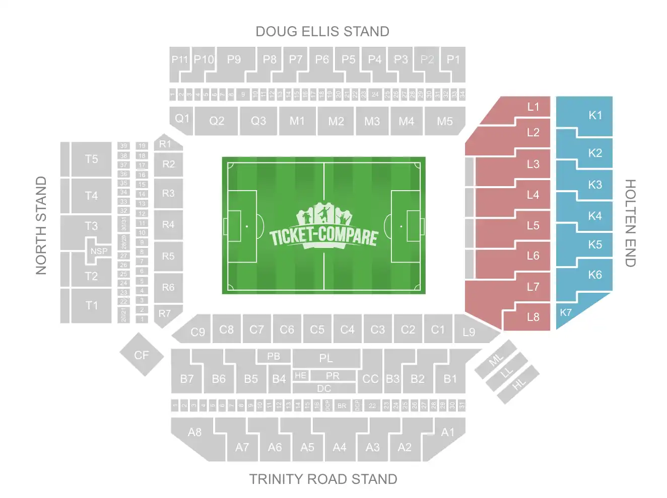 screenshot of Villa Park stadium seating plan with highlighted the Holte End Stand