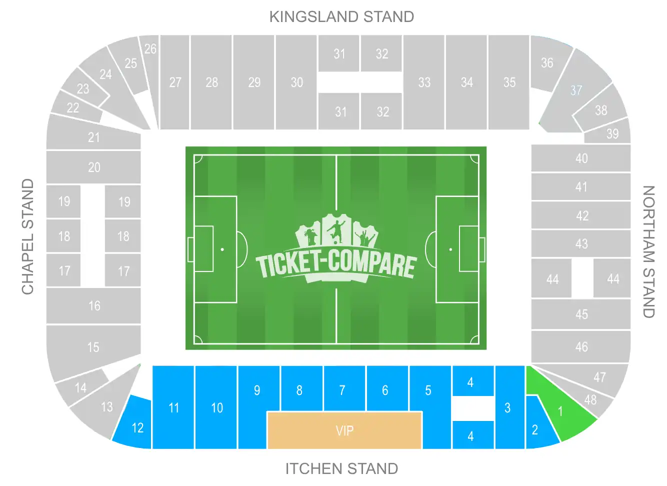 St Mary’s Stadium seating plan with highlighted the Itchen Stand