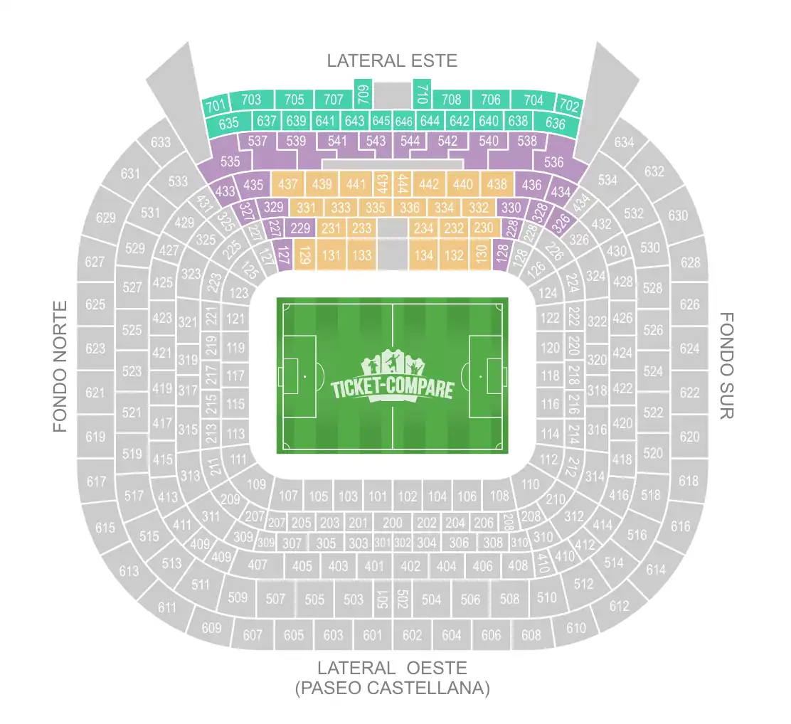 Santiago Bernabéu Seating Plan with Lateral Este side highlighted