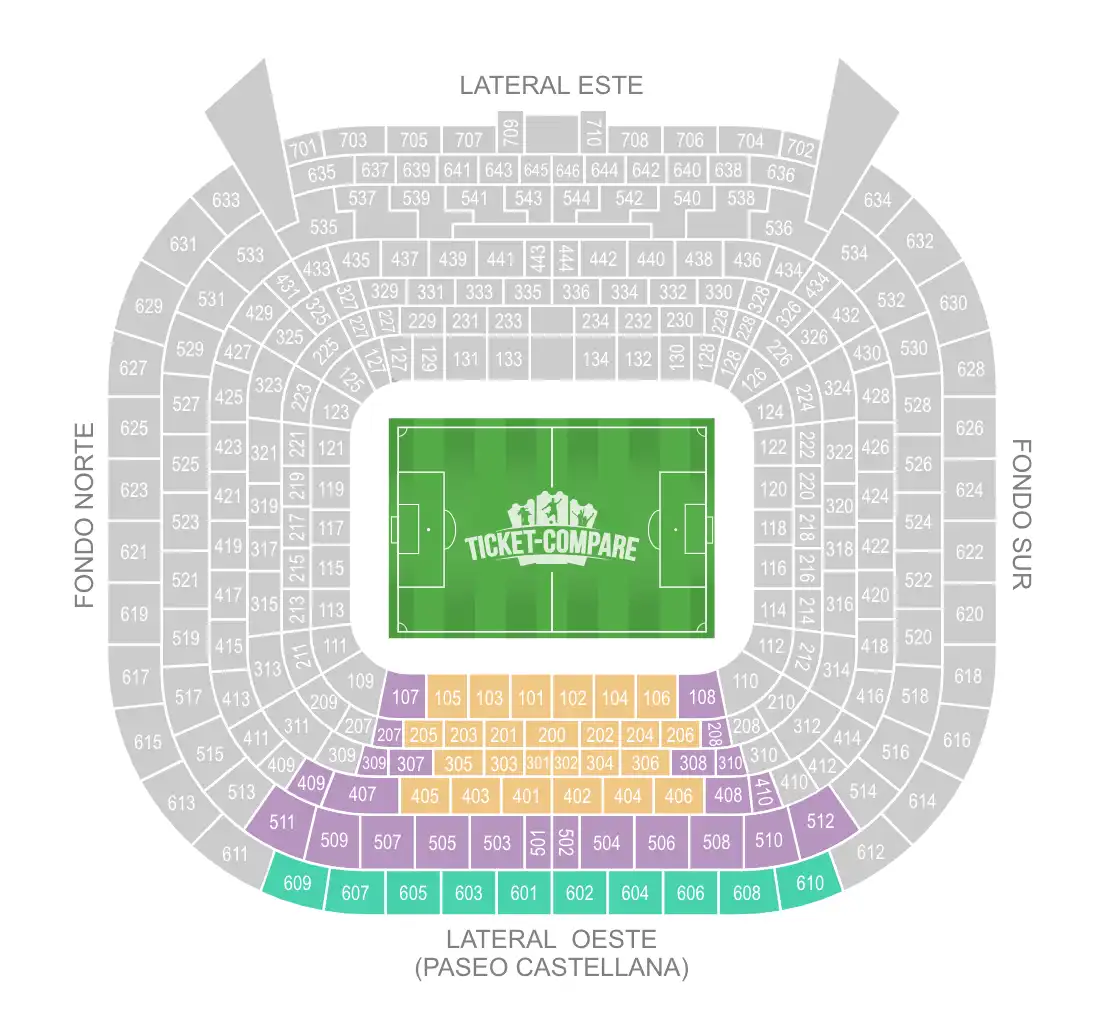 Santiago Bernabéu Seating Plan with Lateral Oeste side highlighted