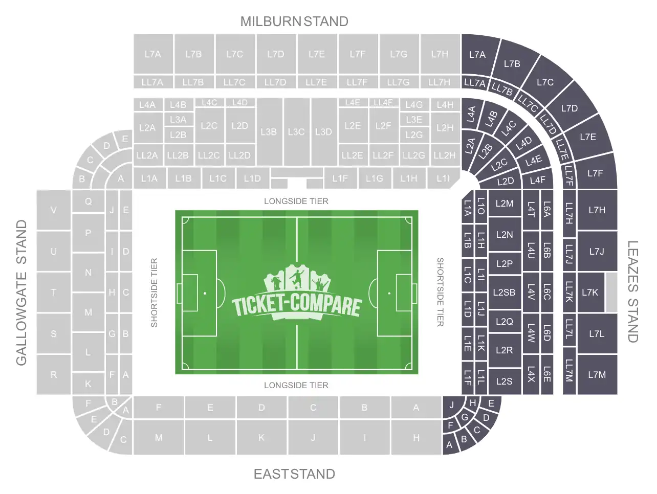 St. James Park seating plan with Leazes stand highlighted