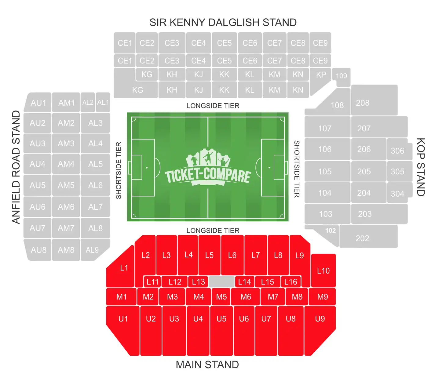 Anfield seating plan with highlighted the Main Stand