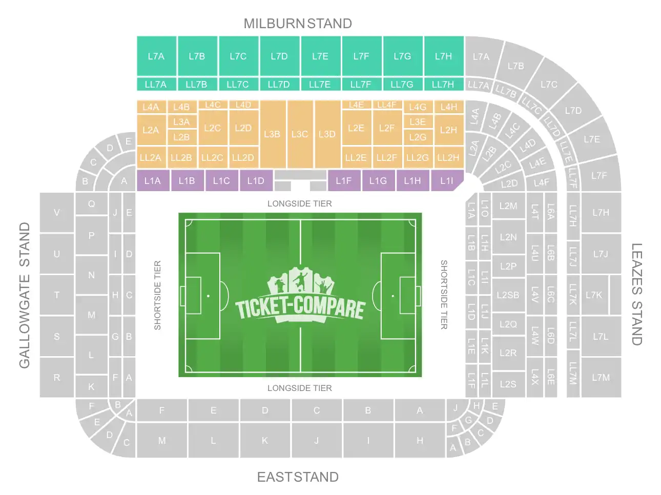 St. James Park seating plan with Milburn stand highlighted