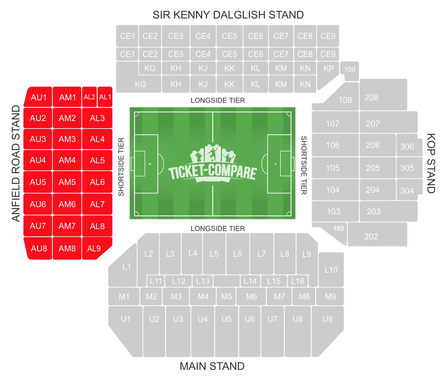 Anfield seating plan with highlighted the Road End Stand