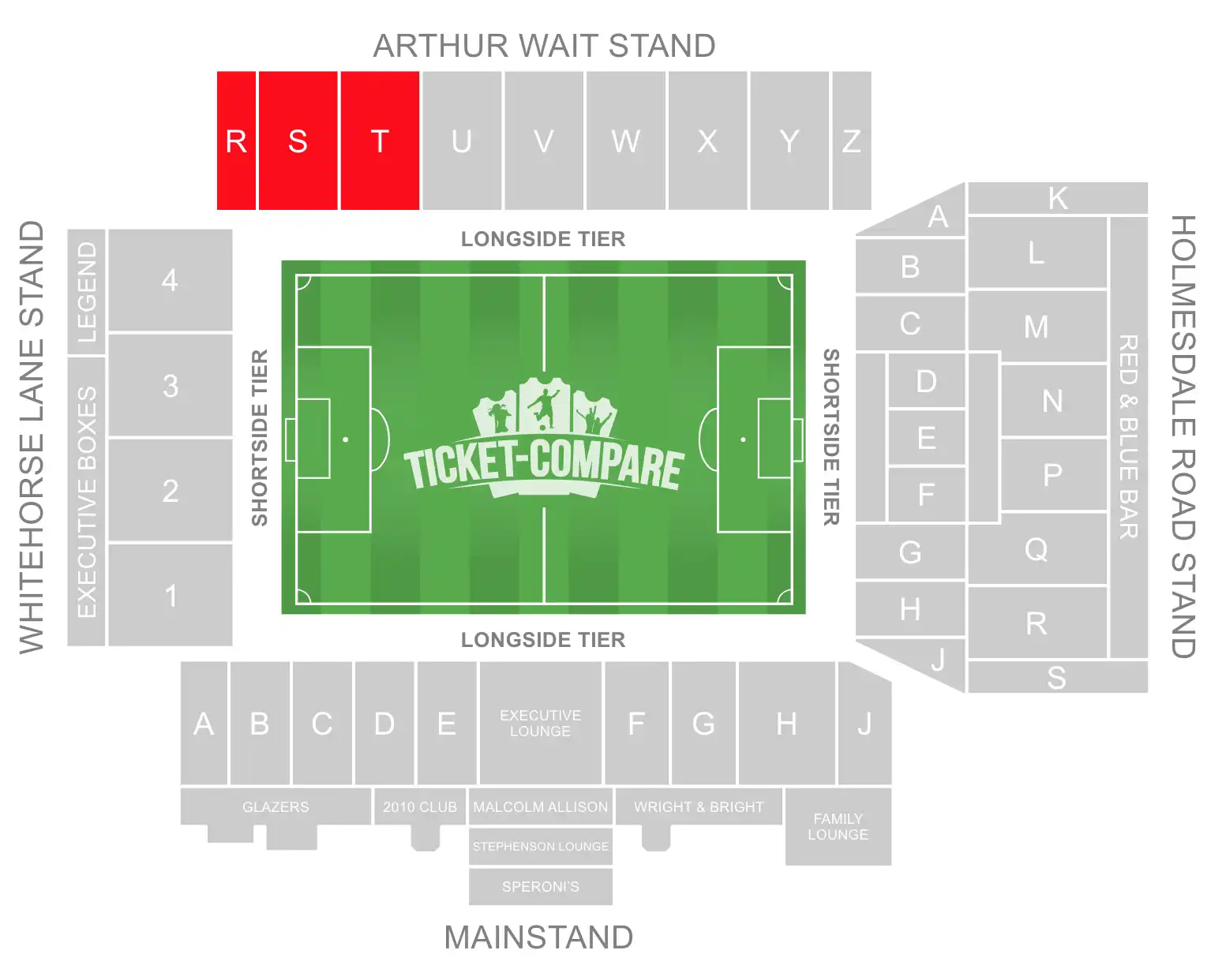 Selhurst Park seating plan Away sections highligted