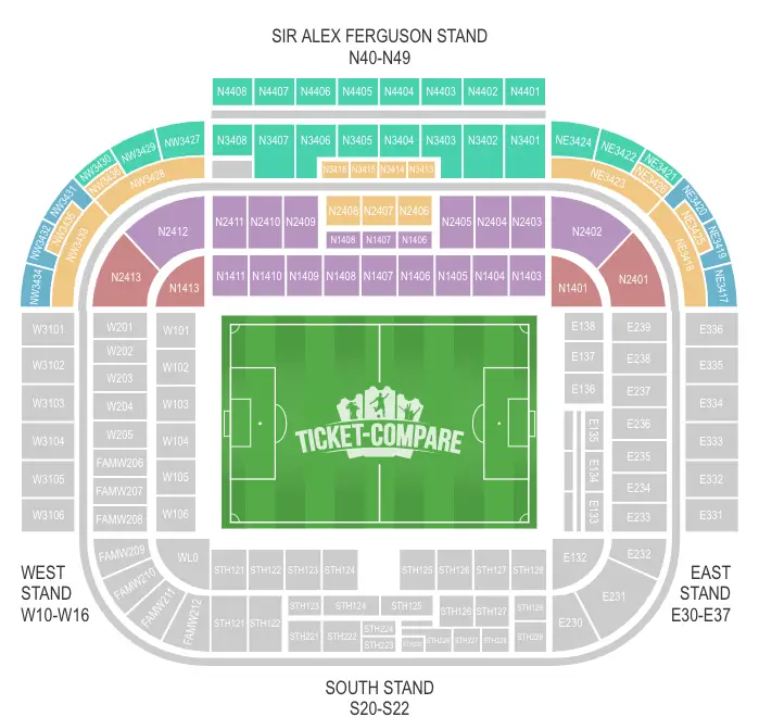 Old Trafford seating plan with Sir Alex Ferguson Stand highlighted