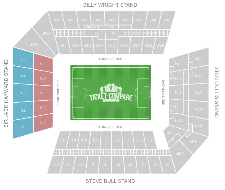 Molineux Stadium Seating Plan with the Sir Jack Hayward Stand highlighted