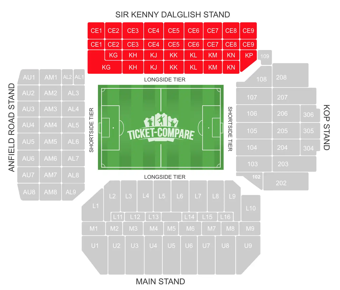 Anfield seating plan with highlighted the Sir Kenny Dalglish Stand