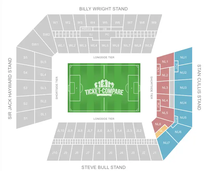 Molineux Stadium Seating Plan with the Stan Cullis Stand highlighted