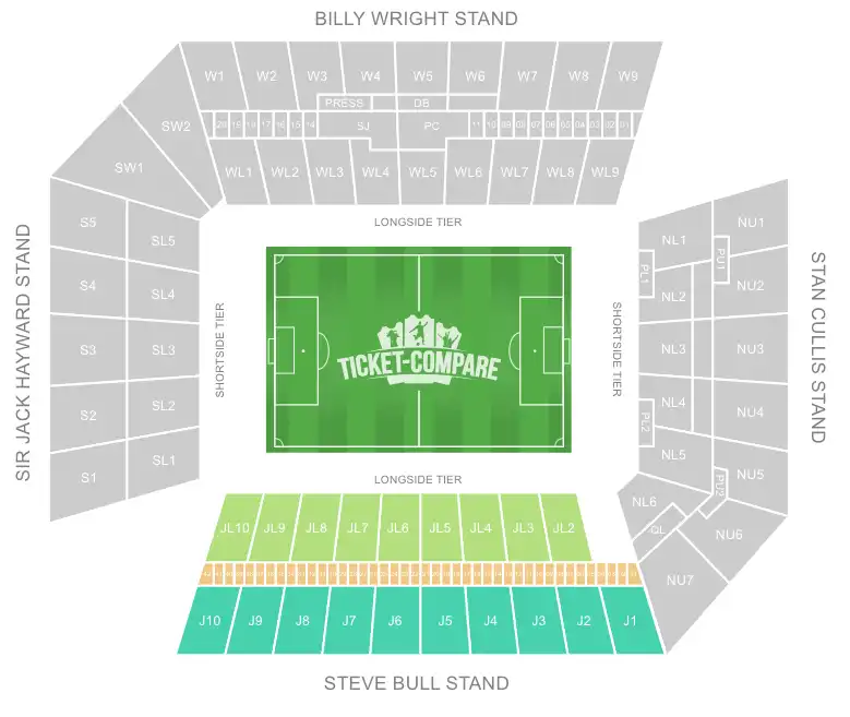 Molineux Stadium Seating Plan with the Steve Bull Stand highlighted