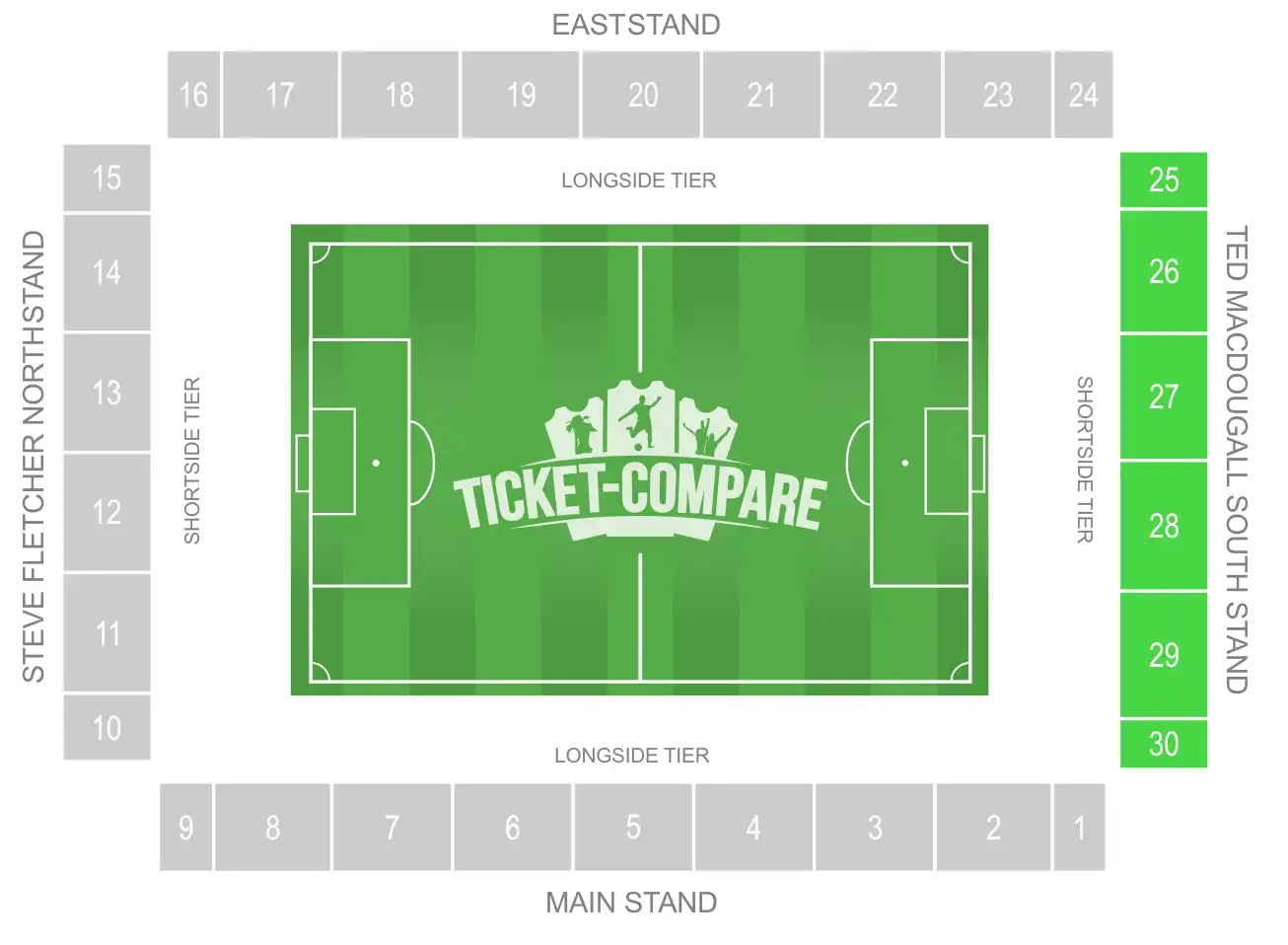 Vitality Stadium seating plan: Ted MacDougall South Stand highlighted