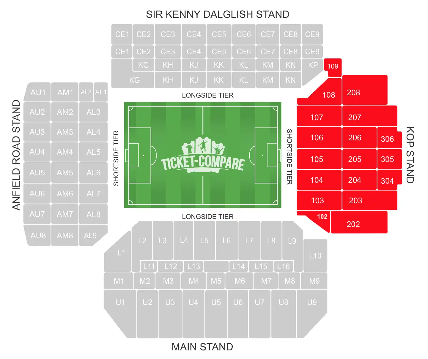 Anfield seating plan with highlighted the KOP Stand