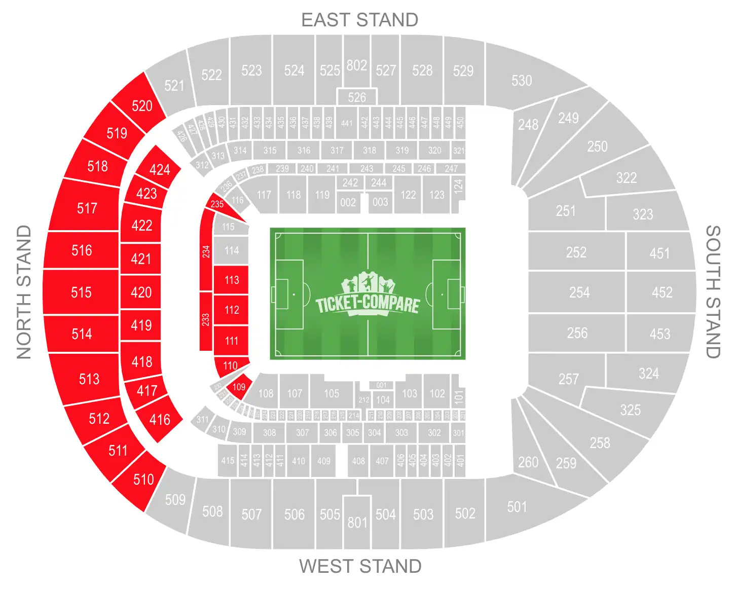 Tottenham Hotspur Stadium Seating Plan with highlighted the North Stand