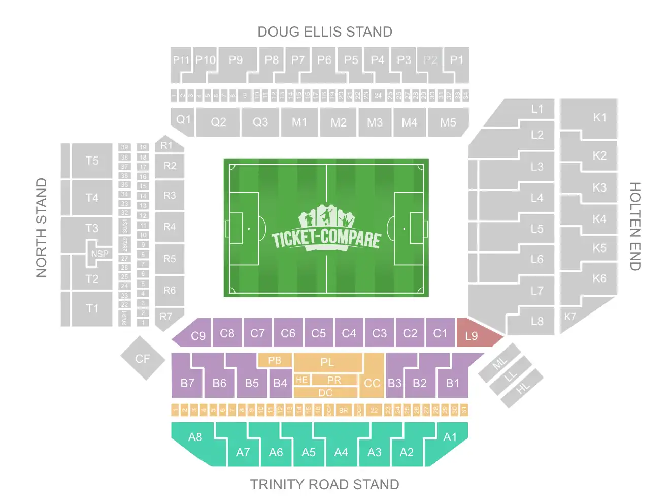 screenshot of Villa Park stadium seating plan with highlighted the Trinity Road Stand