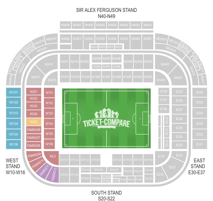 Old Trafford seating plan with West Stand highlighted