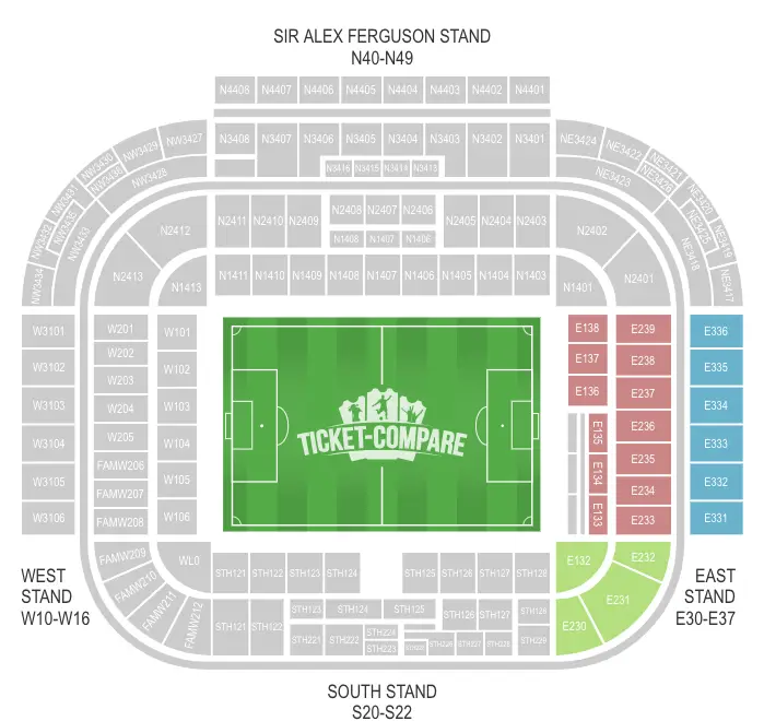 Old Trafford seating plan with East Stand highlighted