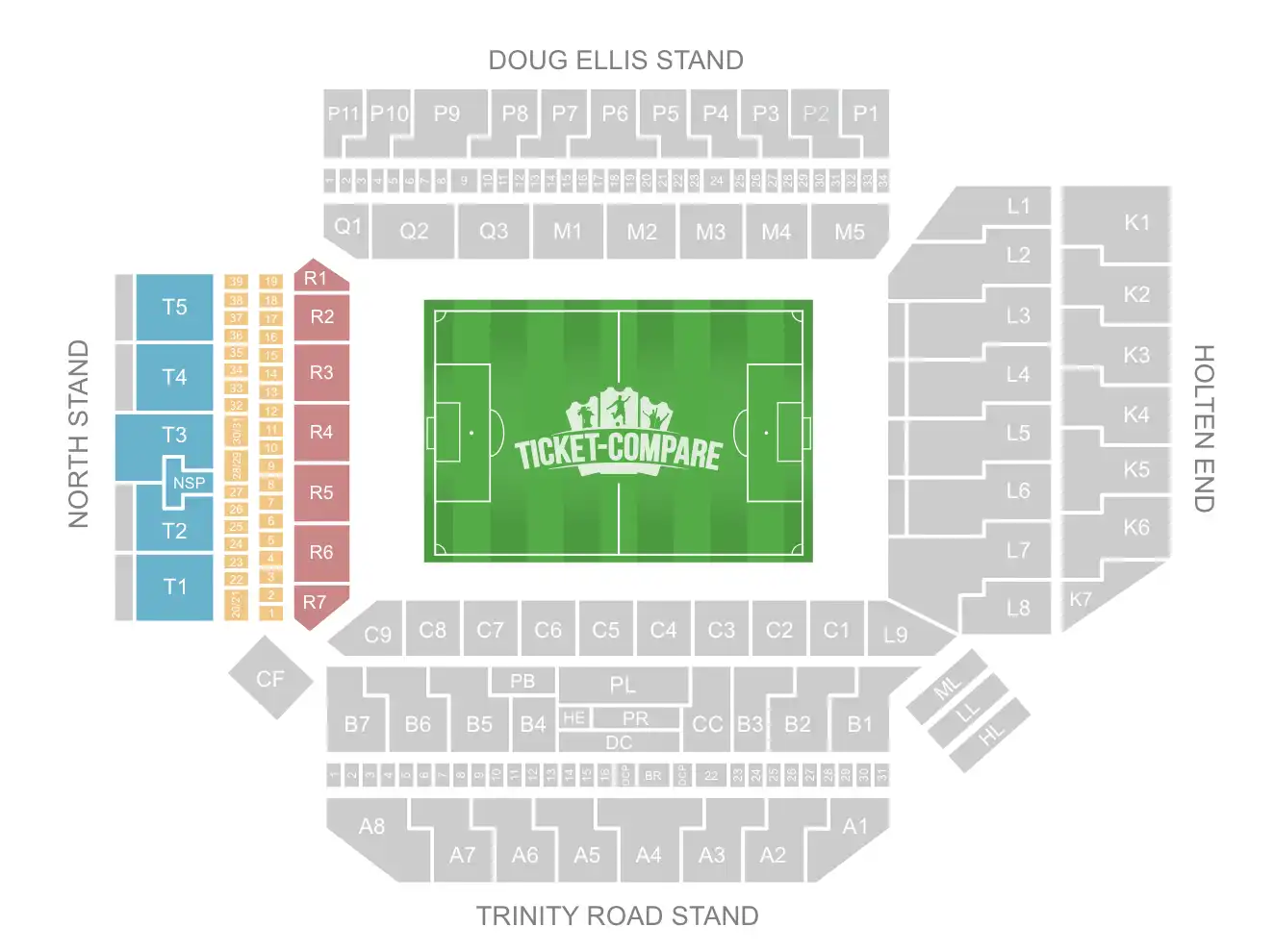 screenshot of Villa Park stadium seating plan with highlighted the North Stand