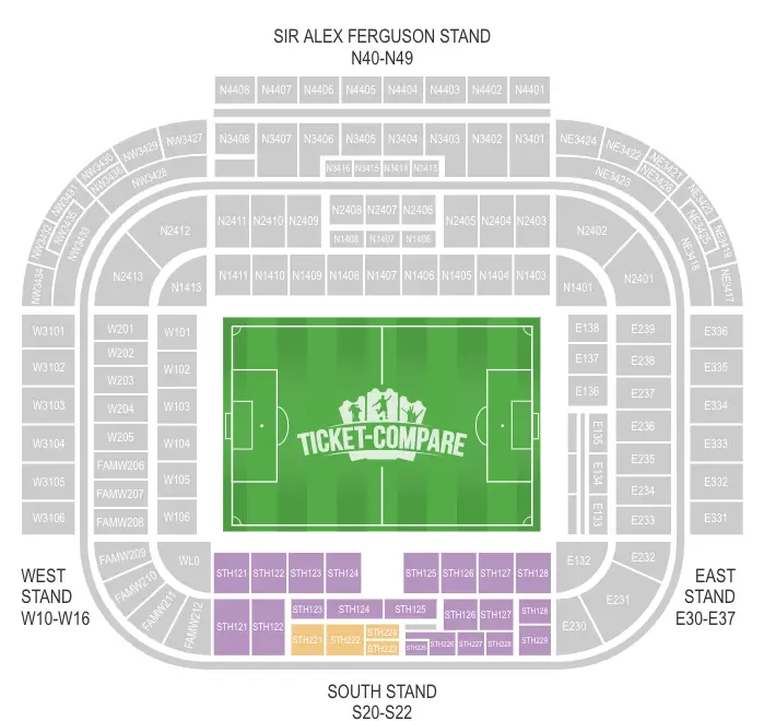 Old Trafford seating plan with South Stand highlighted