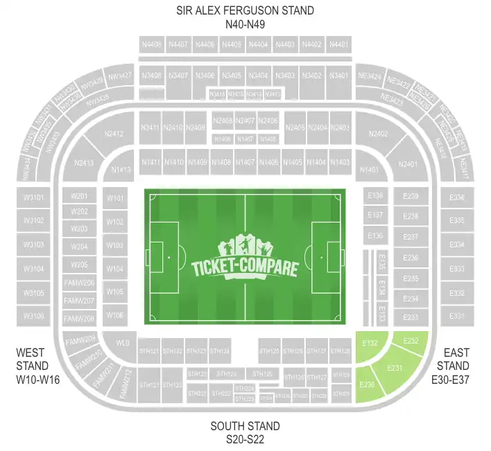 Old Trafford Seating Plan with Away section Highlighted