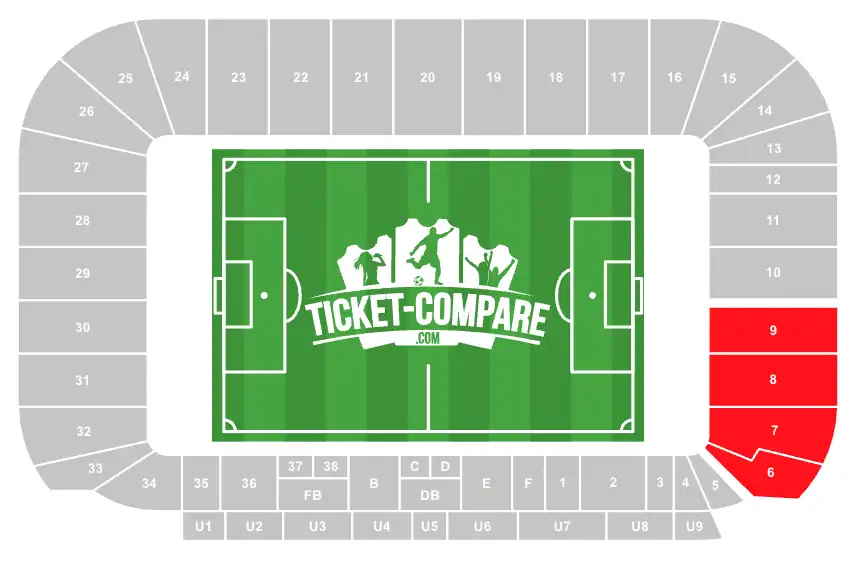 Screenshot of CBS Arena Stadium seating plan with the Away section highlighted red